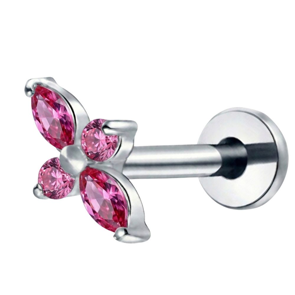 Titanium Decorative Labret - Flower with Four Cubic Zirconias