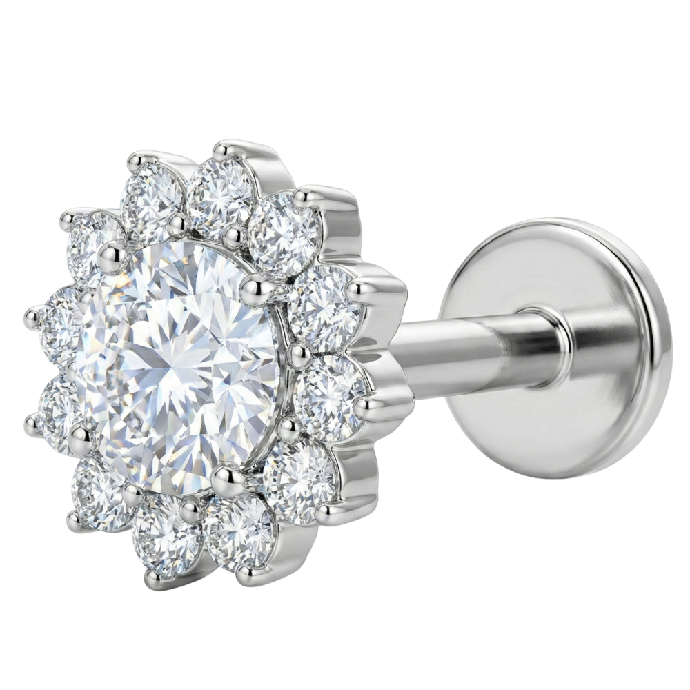 Labret Décoratif en Titane - Fleur Avec Zircons et Boules