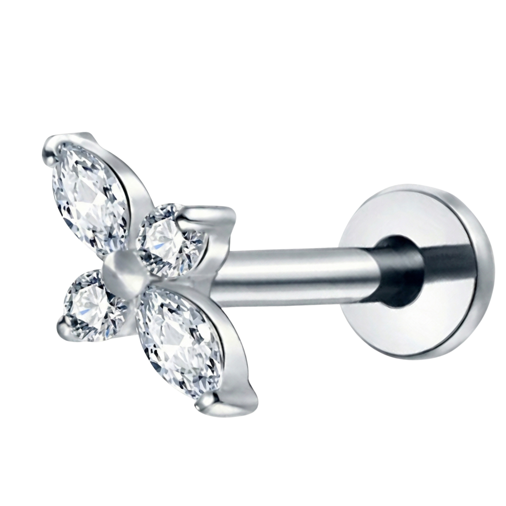 Titanium Decorative Labret - Flower with Four Cubic Zirconias