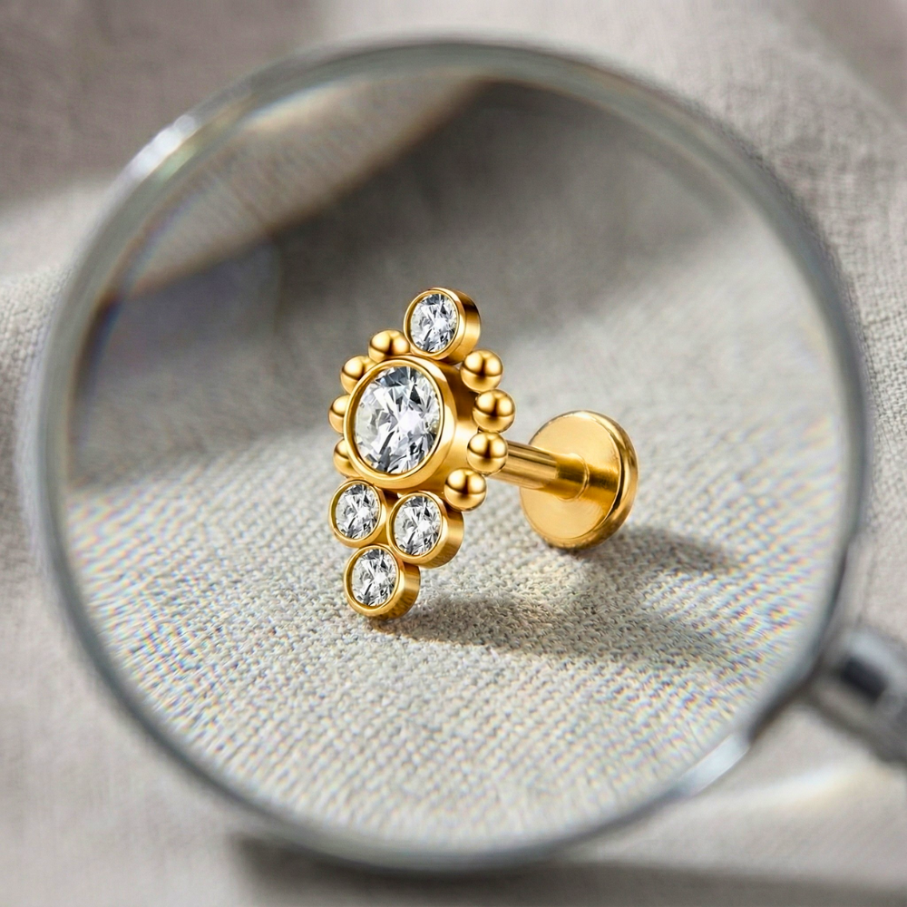 Labret Décoratif en Titane - Cascade Avec Zircons et Boules