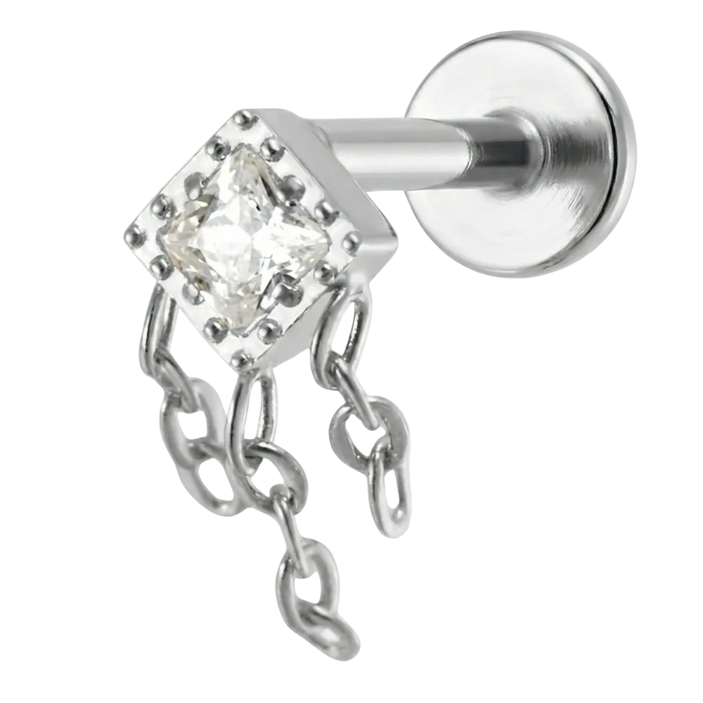 Titanium Decorative Labret - Square with Cubic Zirconia and Chains