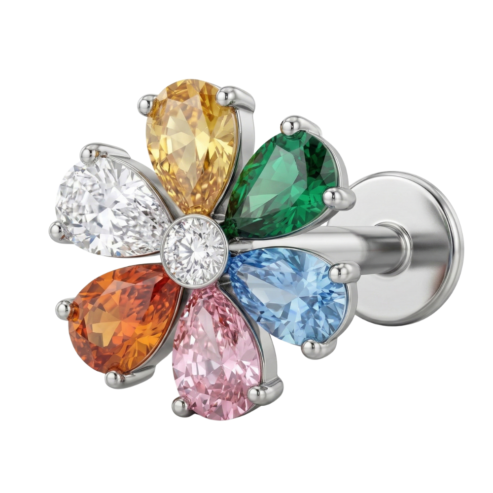 Labret Décoratif en Titane - Fleurs Colorées avec Zircons
