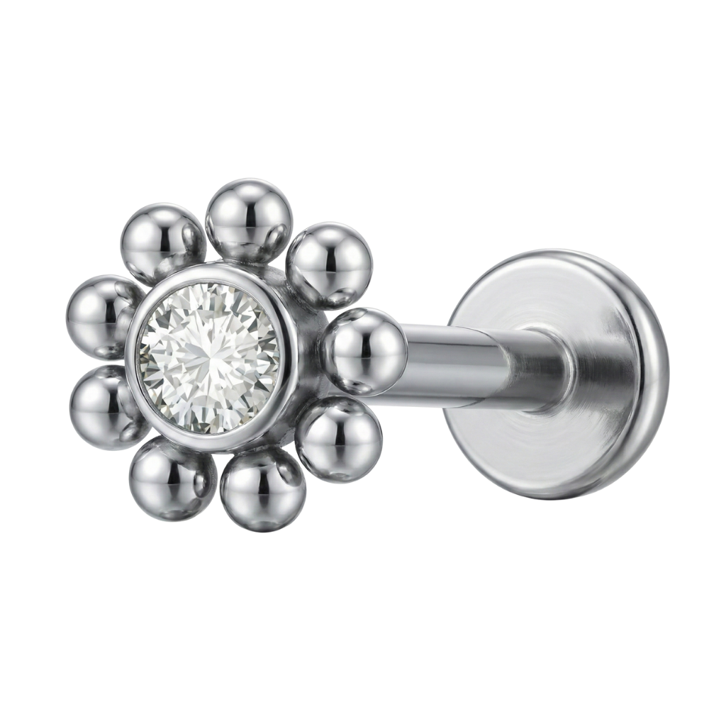 Titanium Decorative Labret - Cubic Zirconia Flower with Balls