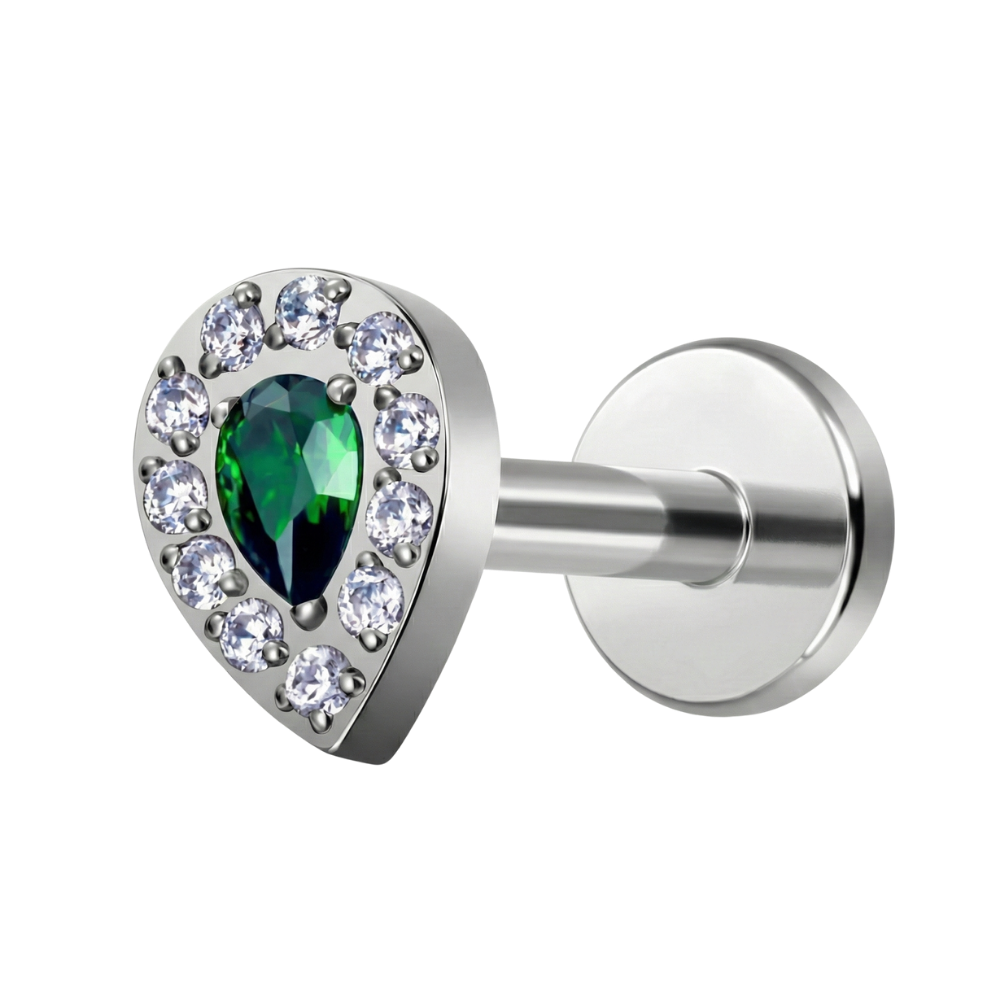 Decorative Titanium Labret - Teardrop Shape with Green Cubic Zirconia