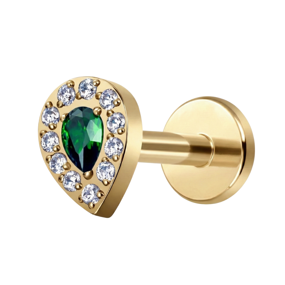 Decorative Titanium Labret - Teardrop Shape with Green Cubic Zirconia