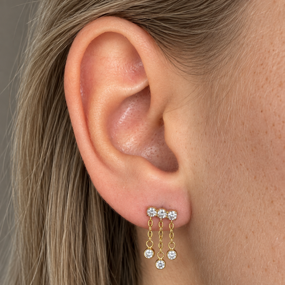 Titanium Decorative Labret with Three Hanging Rhinestones on the Ear
