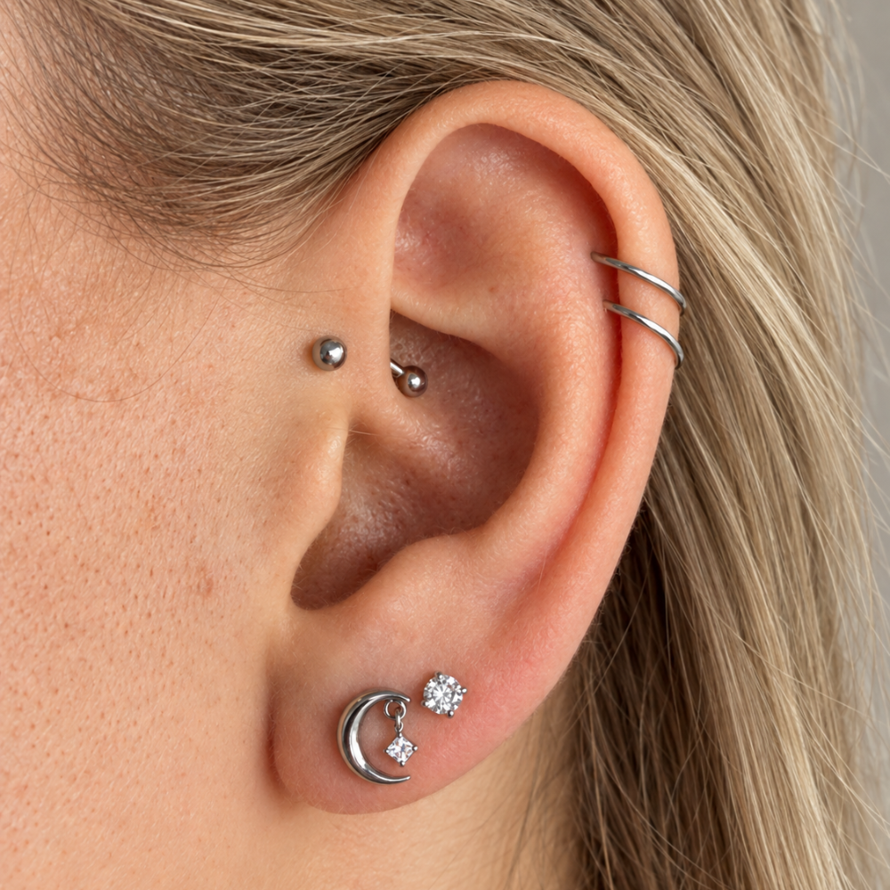 Titanium Labret Decorative moon with hanging cubic zirconia on the ear