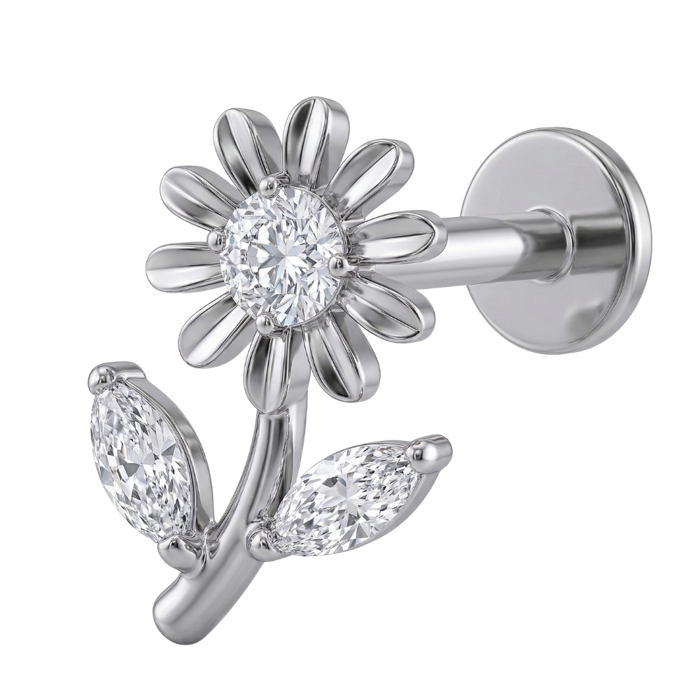 Labret Décoratif en Titane - Rameau Fleuri avec Zircons